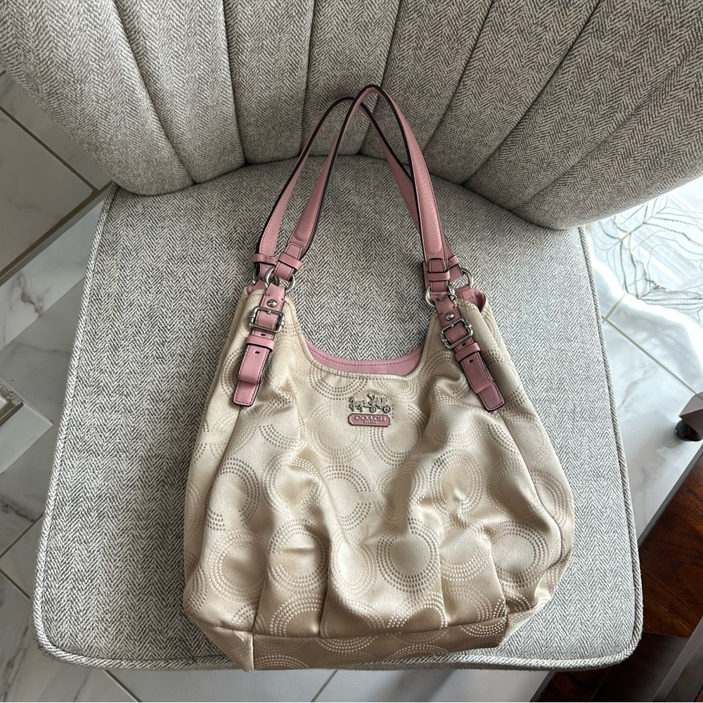 COACH Madison Dotted Op Art Maggie Shoulder Bag Beige Pink